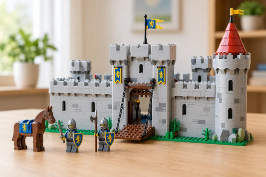 Kasteel van LEGO® stenen met ophaalbrug, kantelen en ridders met leeuwenschilden