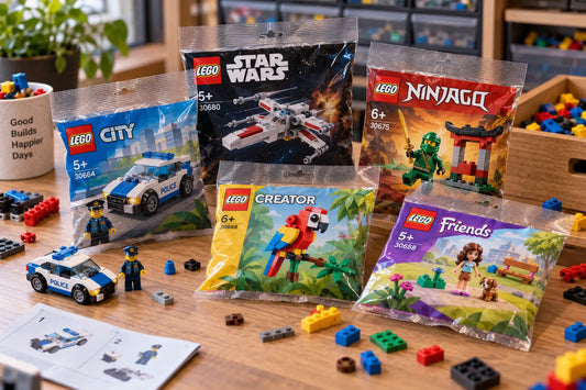 Verschillende LEGO® polybags met kleine sets, minifiguren en losse onderdelen op een tafel