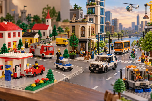 Historische LEGO® Town-stad naast moderne LEGO® City met gebouwen, voertuigen en minifiguren