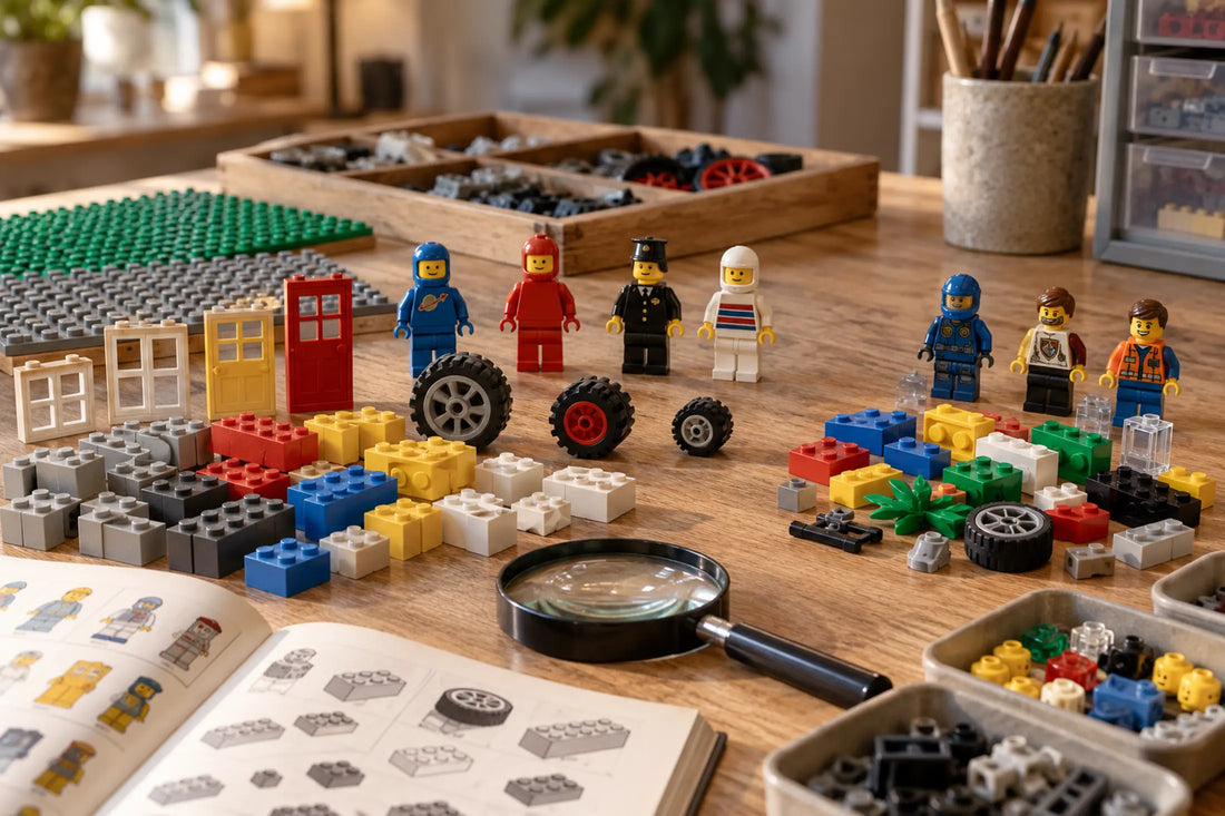 Vintage LEGO onderdelen en minifiguren op een sorteertafel met vergrootglas en instructieboekje