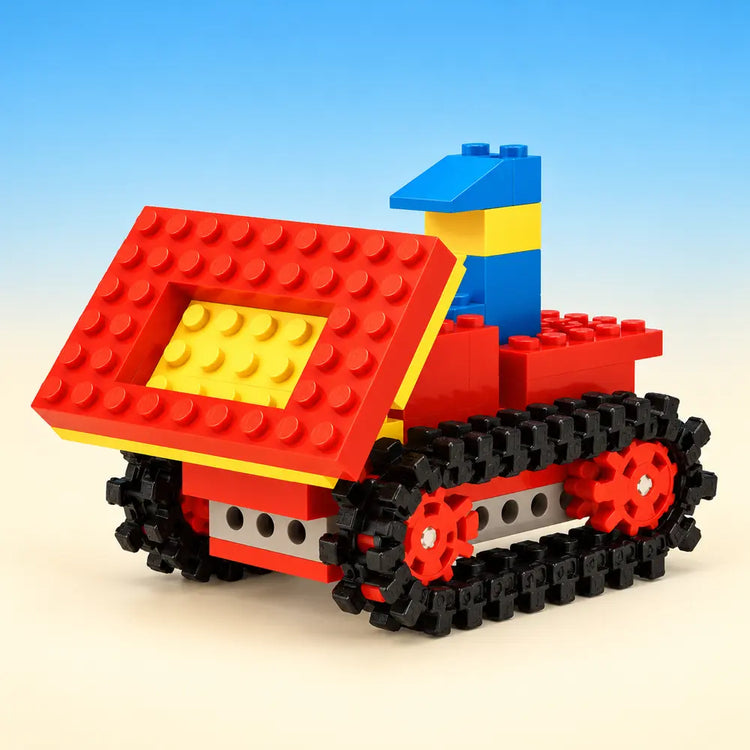 Klassieke rode LEGO® rupsbulldozer met geel schepblad en blauwe bestuurder uit set 813