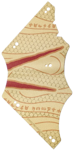 Part 113947 - Cloth Sail 8 1/2 x 18 with Dark Red and Dark Orange Stripes, Repeating Ninjago Logogram 'TEMPLE BOUNTY' and Dark Tan Scales Pattern Model Left Side - De BrickPlaats