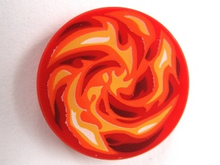 Part 14769pb021 - Tile, Round 2 x 2 with Bottom Stud Holder with Dark Red, Orange, Red, White and Yellow Swirled Fire Pattern - De BrickPlaats