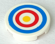 Part 14769pb086 - Tile, Round 2 x 2 with Bottom Stud Holder with Blue and Red Circles and Yellow Dot Archery Target Pattern - De BrickPlaats