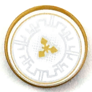 Part 14769pb217 - Tile, Round 2 x 2 with Bottom Stud Holder with Silver Crenelations and Gold Throwing Star Pattern - De BrickPlaats
