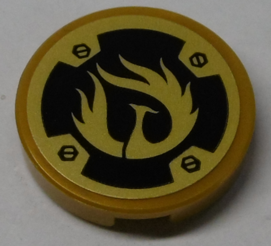 Part 14769pb281 - Tile, Round 2 x 2 with Bottom Stud Holder with Gold Phoenix Pattern (Sticker) - Set 70665 - De BrickPlaats