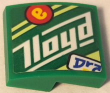 Part 15068pb486L - Slope, Curved 2 x 2 x 2/3 with Blue 'Dra', White 'Lloyd', Yellow Lowercase Letter e in Red Circle and Yellowish Green Stripes Pattern Model Left Side (Sticker) - Set 71709 - De BrickPlaats