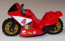 Part 18895c01pb02 - Motorcycle Sport Bike with Black Windshield Pattern, Black Frame, Pearl Gold Wheels and Dark Bluish Gray Handlebars with Number 4 and Octan Logo Pattern on Both Sides (Stickers) - Set 60084 - De BrickPlaats