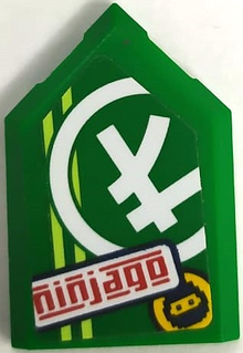 Part 22385pb265 - Tile, Modified 2 x 3 Pentagonal with Red 'ninjago', Ninjago Logogram Letter L, Ninja Head in Circle and Yellowish Green Stripes Pattern (Sticker) - Set 71709 - De BrickPlaats