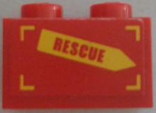 Part 3004pb157R - Brick 1 x 2 with 'RESCUE' on Yellow Arrow Pattern Model Right Side (Sticker) - Set 60010 - De BrickPlaats