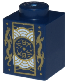 Part 3005pb058 - Brick 1 x 1 with Gold Dragons and Rectangle Emblem with Silver Half Circles Pattern - De BrickPlaats