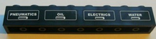 Part 3008pb117L - Brick 1 x 8 with White 'PNEUMATICS', 'OIL', 'ELECTRICS' and 'WATER' on Black Background Pattern (Stickers) - Set 7939 - De BrickPlaats
