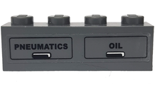 Part 3010pb052R - Brick 1 x 4 with Black 'PNEUMATICS' and 'OIL' Pattern (Sticker) - Set 7938 - De BrickPlaats