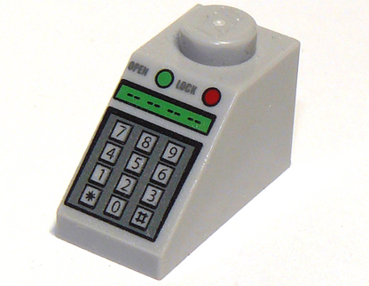 Part 3040pb010 - Slope 45 2 x 1 with Number Keypad, 'OPEN', 'LOCK', and Green and Red Buttons Pattern - De BrickPlaats