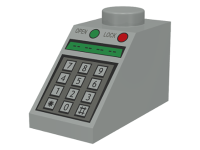 Part 3040pb010 - Slope 45 2 x 1 with Number Keypad, 'OPEN', 'LOCK', and Green and Red Buttons Pattern - De BrickPlaats