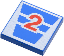Part 3068pb0004 - Tile 2 x 2 with Red Number 2 on White Stripes Pattern - De BrickPlaats