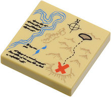 Part 3068pb0148 - Tile 2 x 2 with Map River, Dark Tan Mountains, Handwriting and Red 'X' Pattern - De BrickPlaats