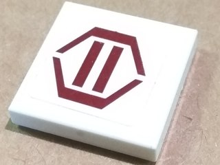 Part 3068pb0297 - Tile 2 x 2 with Dark Red Hexagon and Two Stripes Pattern (Sticker) - Set 8085 - De BrickPlaats