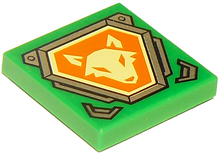 Part 3068pb1063 - Tile 2 x 2 with Bright Light Yellow Fox Head on Orange Hexagonal Shield with Silver Border Pattern - De BrickPlaats
