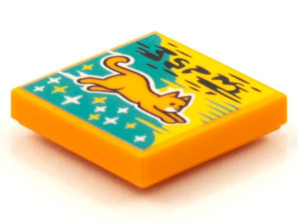 Part 3068pb1573 - Tile 2 x 2 with BeatBit Album Cover - Orange Flying Cat Pattern - De BrickPlaats