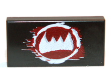 Part 3069pb0254 - Tile 1 x 2 with White Fangs and Dark Red Pattern - De BrickPlaats