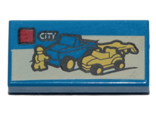 Part 3069pb0387 - Tile 1 x 2 with Lego Dune Buggy Transporter and 'CITY' Set Box Pattern - De BrickPlaats