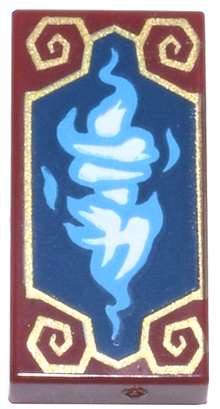 Part 3069pb1393 - Tile 1 x 2 with Dark Azure Mirrored Dragon Heads with White Ninjago Logogram 'TB' on Dark Blue Panel with Gold Frame with Spirals Pattern - De BrickPlaats