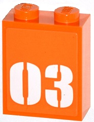 Part 3245cpb029 - Brick 1 x 2 x 2 with Inside Stud Holder with White '03' on Orange Background Pattern (Sticker) - Set 60035 - De BrickPlaats