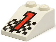 Part 3298pb003 - Slope 33 3 x 2 with Red Number 1 and Checkered Flag Pattern - De BrickPlaats
