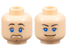 Part 3626pb0284 - Minifigure, Head Dual Sided Female Black Thin Eyebrows, Blue Eyes, Nougat Lips and Eye Shadow, Scared / Open Mouth Smile with Teeth Pattern - De BrickPlaats