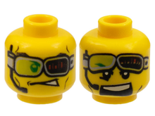Part 3626pb0448 - Minifigure, Head Dual Sided Headset and Green Glasses with Red Bars, Glasses Down / Glasses Up and Mouth Open Pattern - De BrickPlaats