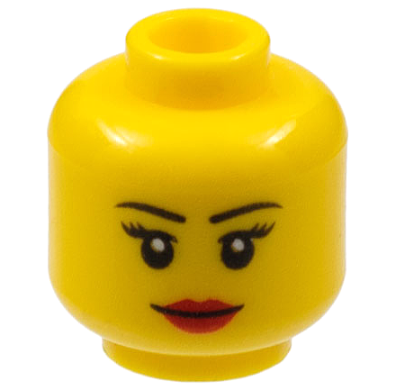 Part 3626pb0629 - Minifigure, Head Female Black Thin Eyebrows, Eyelashes, Red Lips, Grin Pattern - De BrickPlaats