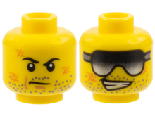 Part 3626pb0750 - Minifigure, Head Dual Sided Dark Bluish Gray Stubble, Orange Scuff Marks, Black Eyebrows and Scowl / Sunglasses and Lopsided Open Mouth Smile with Teeth Pattern - De BrickPlaats