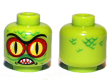 Part 3626pb0774 - Minifigure, Head Alien with Swamp Creature with Red and Yellow Eyes with Dark Red Outline, Pointed Teeth and Scales Pattern - De BrickPlaats
