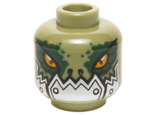 Part 3626pb1279 - Minifigure, Head Alien Chima Crocodile with Dark Green Rimmed Eyes and Metallic Silver Plates with Rivets Lower Jaw Pattern - De BrickPlaats