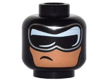 Part 3626pb1528 - Minifigure, Head Balaclava, Black and White Mask with Silver Edge and Crooked, Off-Center Scowl on Nougat Face Pattern - De BrickPlaats