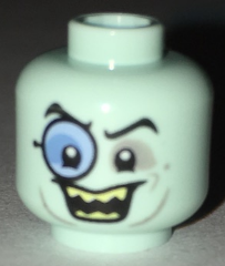 Part 3626pb1697 - Minifigure, Head Glasses with Blue Monocle, Black Eyebrows, Gray Around Eyes, Open Smile with Sharp Teeth Pattern - De BrickPlaats