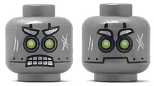 Part 3626pb2035 - Minifigure, Head Dual Sided Alien Robot with Silver Eyebrows, Lime Eyes, Scuff Marks, Angry Bared Teeth / Neutral Pattern - De BrickPlaats