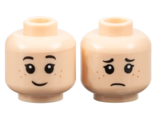 Part 3626pb2104 - Minifigure, Head Dual Sided Child Female Black Eyebrows, Eyelashes, Dark Orange Freckles, Grin / Sad Frown Pattern - De BrickPlaats