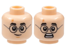 Part 3626pb2168 - Minifigure, Head Dual Sided Black Thick Eyebrows and Round Glasses, Lightning Scar, Grin with Medium Nougat Chin Dimple / Scared Open Mouth with Teeth Parted Pattern - De BrickPlaats