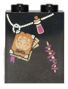 Part 3678bpb020 - Slope 65 2 x 2 x 2 with Bottom Tube with Minifigure Dress / Skirt / Robe, Frog Spells Book, Potion, and Mended Tear Pattern (Witch) - De BrickPlaats