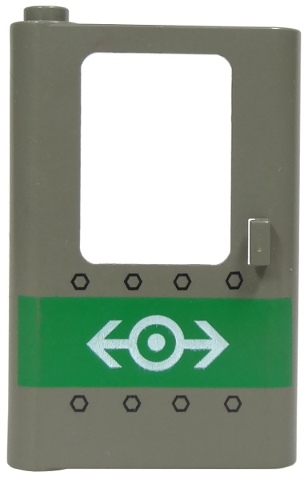 Part 4181pb001 - Door 1 x 4 x 5 Train Left, Thin Support at Bottom with Green Stripe, Train Logo and Rivets Pattern - De BrickPlaats