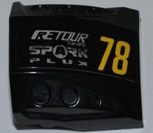 Part 44675pb006R - Slope, Curved 2 x 2 with Debossed Side Ports with Yellow '78', Silver 'RETOUR Travels' and 'SPARK PLUX' Pattern Model Right Side (Sticker) - Set 8126 - De BrickPlaats