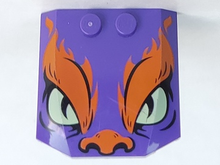 Part 45677pb121 - Wedge 4 x 4 x 2/3 Triple Curved with Orange Flames and Nose, Yellowish Green Eyes, Black Slit Pupils Pattern - De BrickPlaats