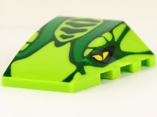 Part 47753pb029 - Wedge 4 x 4 Triple Curved No Studs with Snake Head with Dark Green Scales, Green Stripes, and Yellow Eyes Pattern - De BrickPlaats