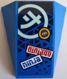 Part 47753pb127 - Wedge 4 x 4 Triple Curved No Studs with Red 'ninjago', Blue 'ninja', Light Aqua Ninjago Logogram Letter J in Circle, Dark Blue Triangles and Jay Head Pattern (Sticker) - Set 71709 - De BrickPlaats