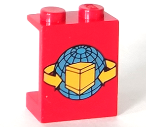 Part 4864apx13 - Panel 1 x 2 x 2 - Solid Studs with Blue Globe and Yellow Box and Curved Arrows Pattern - De BrickPlaats