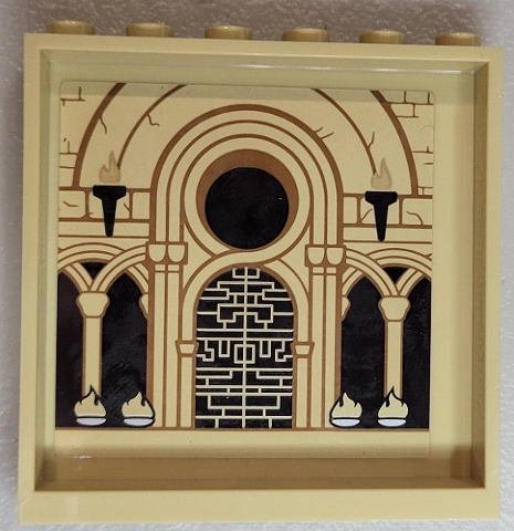 Part 59349pb262 - Panel 1 x 6 x 5 with Torches, Bricks, Arches, Doorway and Fires Pattern on Inside (Sticker) - Set 71043 - De BrickPlaats