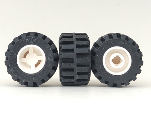 Part 6014bc05 - Wheel 11mm D. x 12mm, Hole Notched for Wheels Holder Pin with Black Tire 21mm D. x 12mm - Offset Tread Small Wide, Band Around Center of Tread (6014b / 87697) - De BrickPlaats