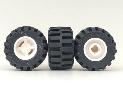 Part 6014bc05 - Wheel 11mm D. x 12mm, Hole Notched for Wheels Holder Pin with Black Tire 21mm D. x 12mm - Offset Tread Small Wide, Band Around Center of Tread (6014b / 87697) - De BrickPlaats